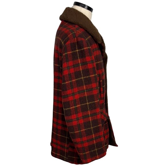 Vintage 70s Towncraft Mens Medium Red & Brown Plaid Wool Coat With Faux Fur - Picture 4 of 14